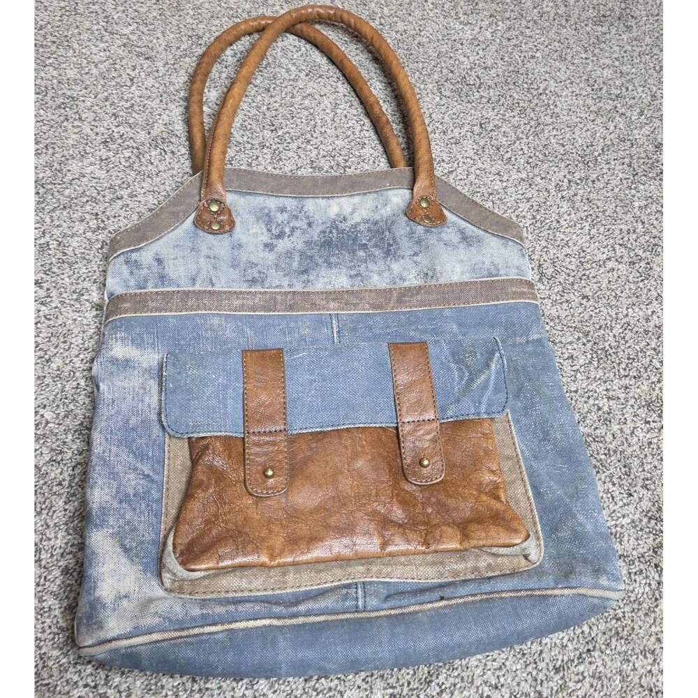 Mona B Collins Tote Bag Distressed Leather Denim Rustic Purse Handbag - Picture 1 of 14